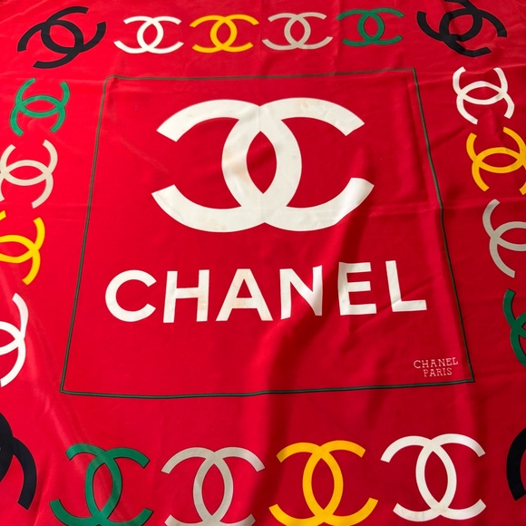 Chanel Vibrant Red Scarf with Multicolor Logo - Picture 1 of 11